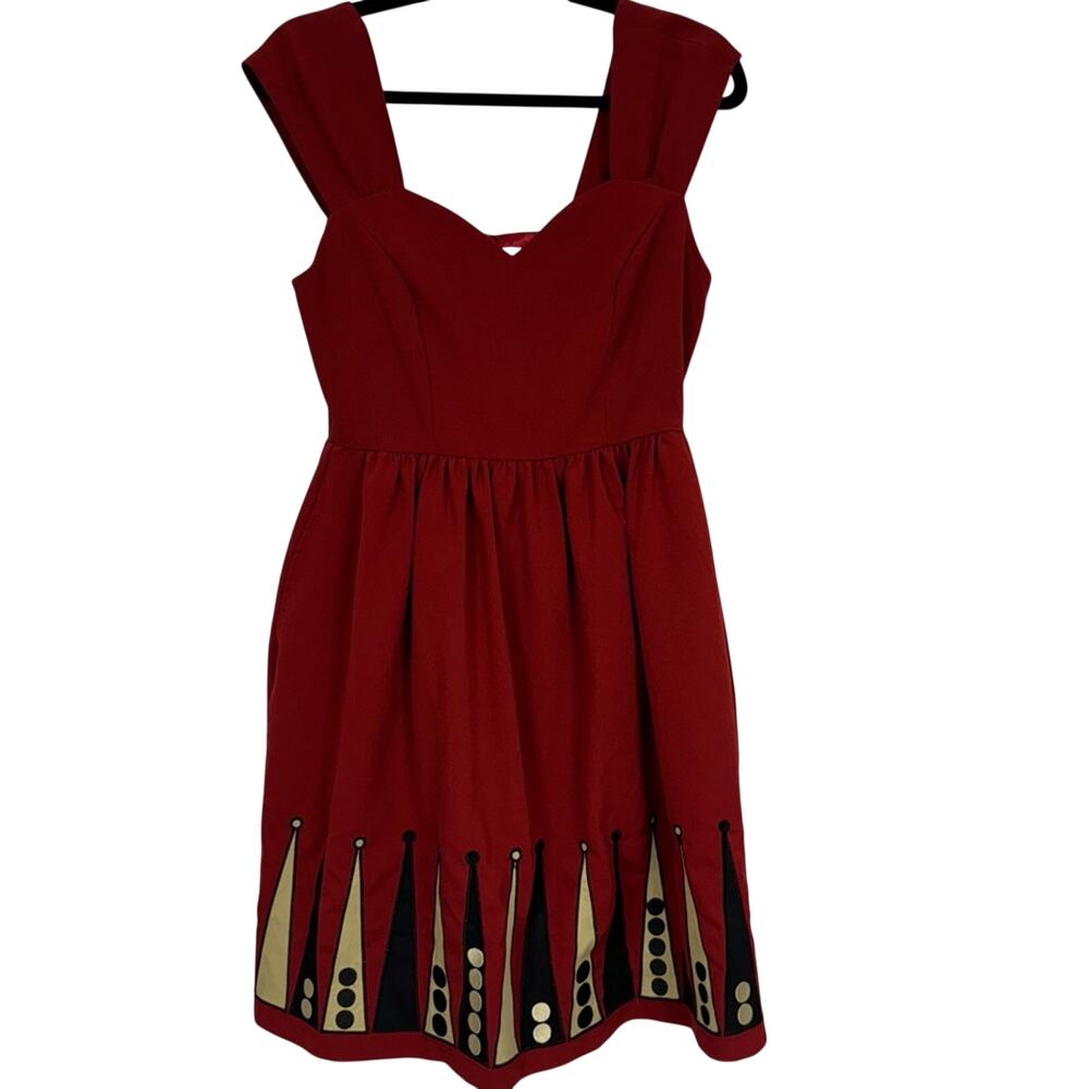 ModCloth Bea Dot Blockade Party Fit & Flare Dress Womens M Red Retro Sleeveless - Picture 2 of 15